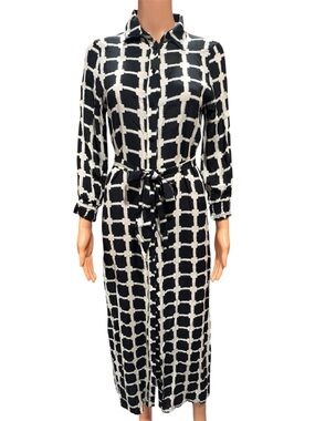 Zara Black and White Grid Shirt Dress with Tie Waist